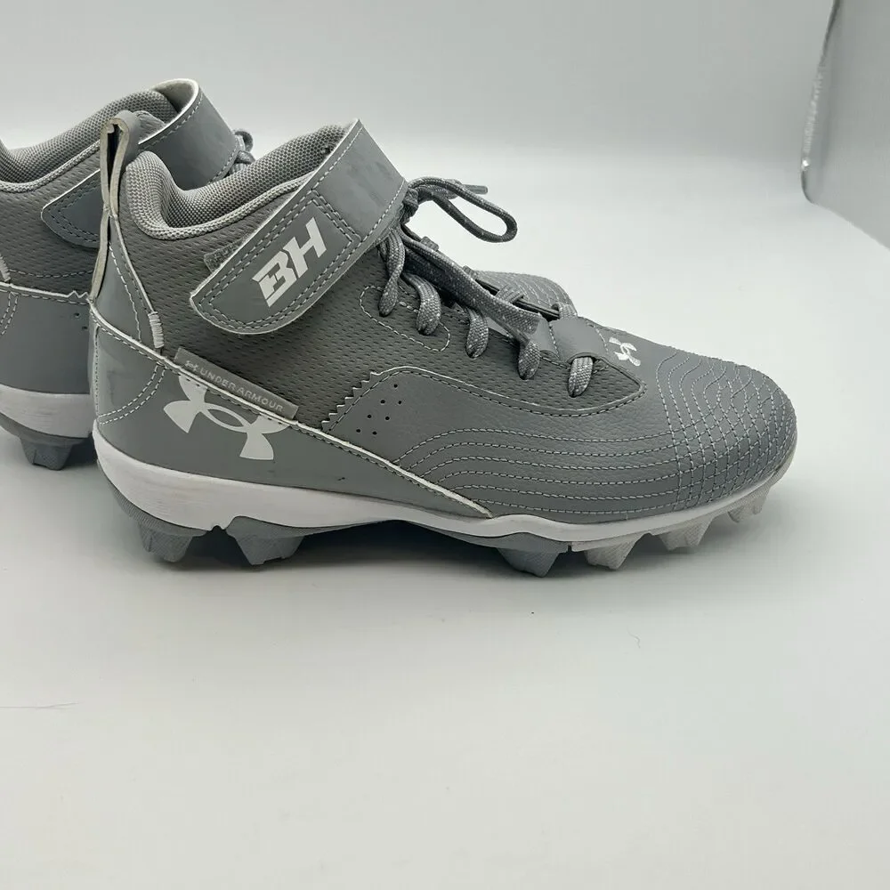 Under Armour Boys Baseball Cleats Gray White Mid Top Size 3.5Y Hook Loop